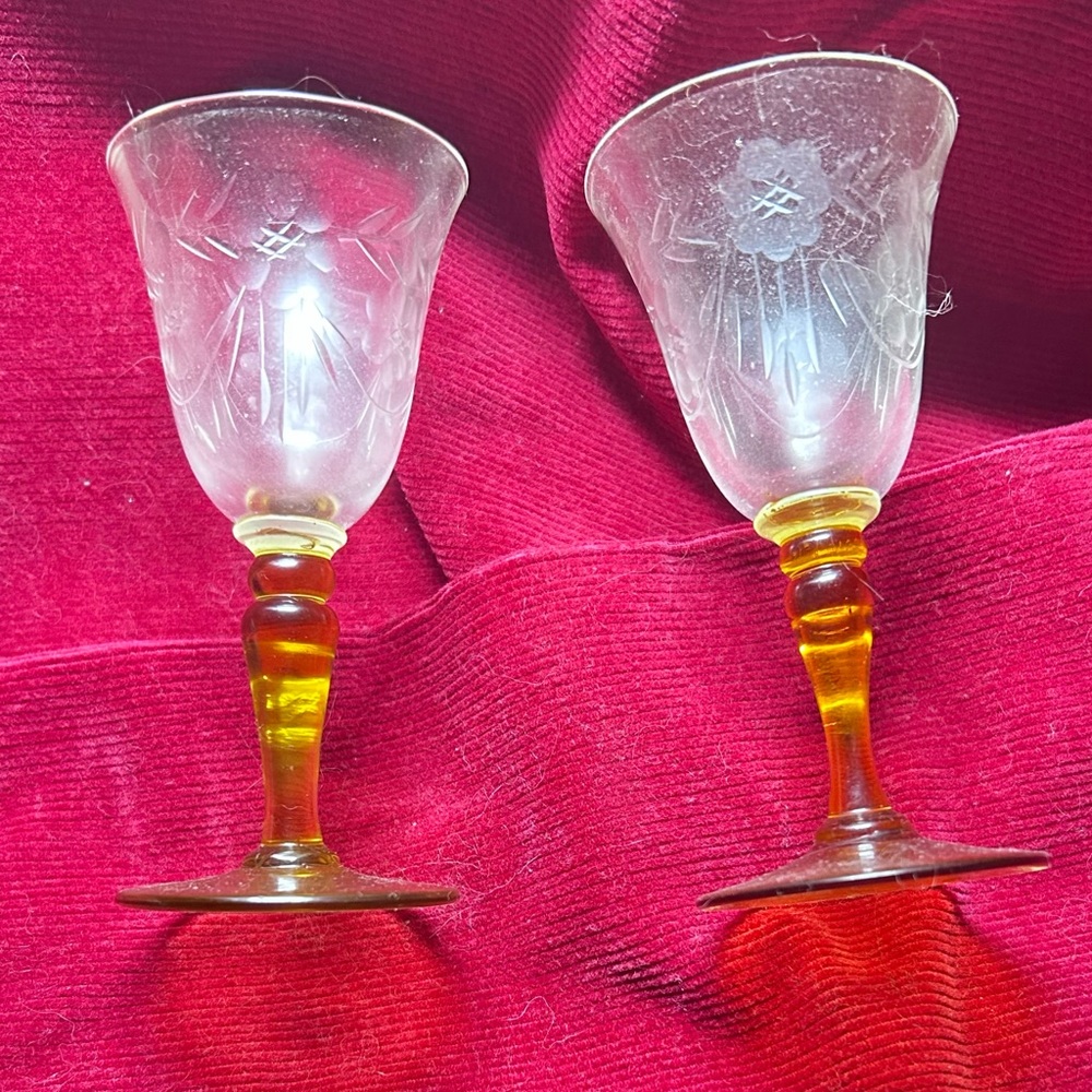 VTG DORFLINGER Amber Cordial Stemware Etched Vines & Flowers  4” Tall RARE!